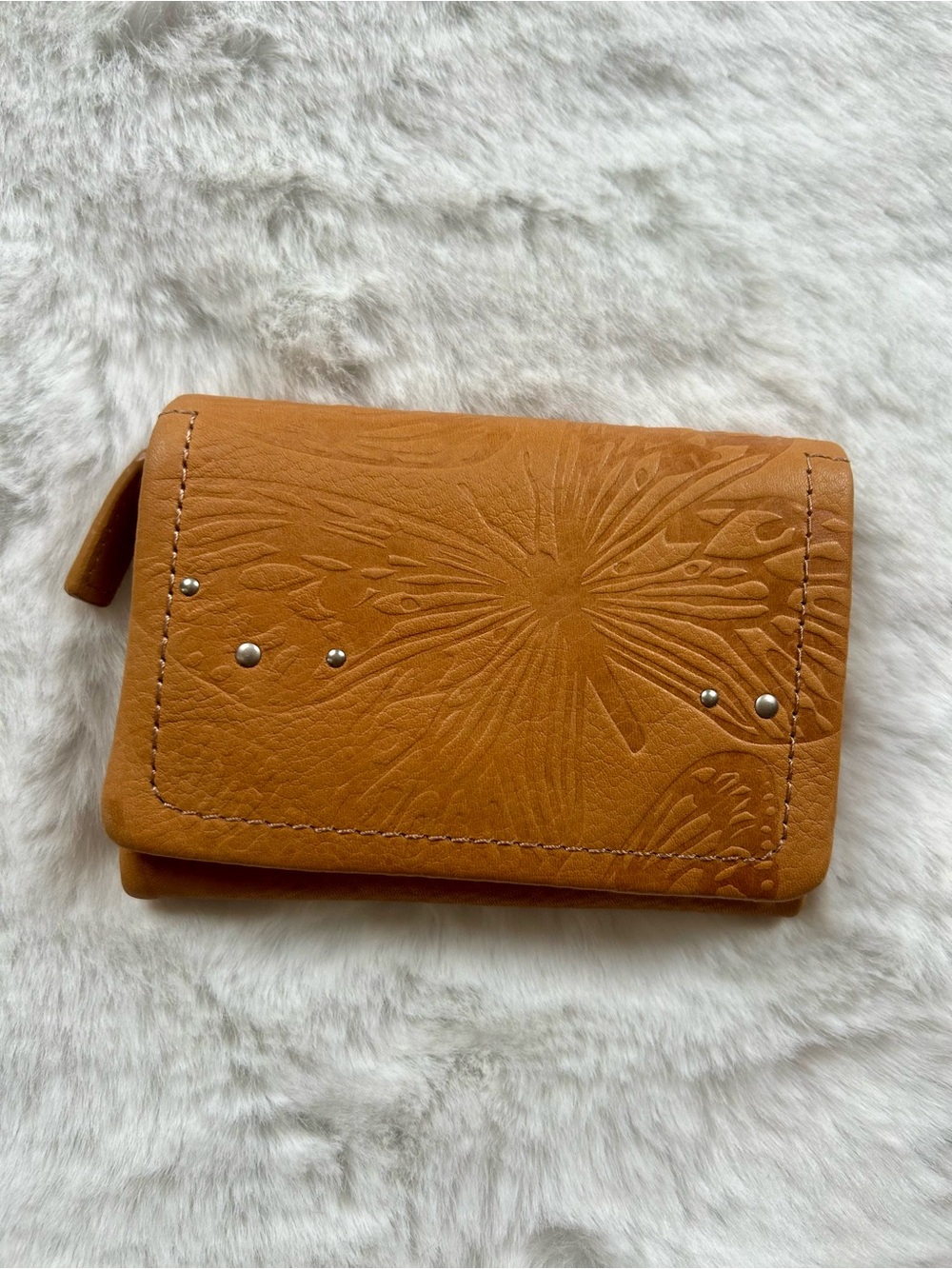 Fossil Vintage Y2K Tan Embossed Butterfly Leather Wallet with Stud Accents
